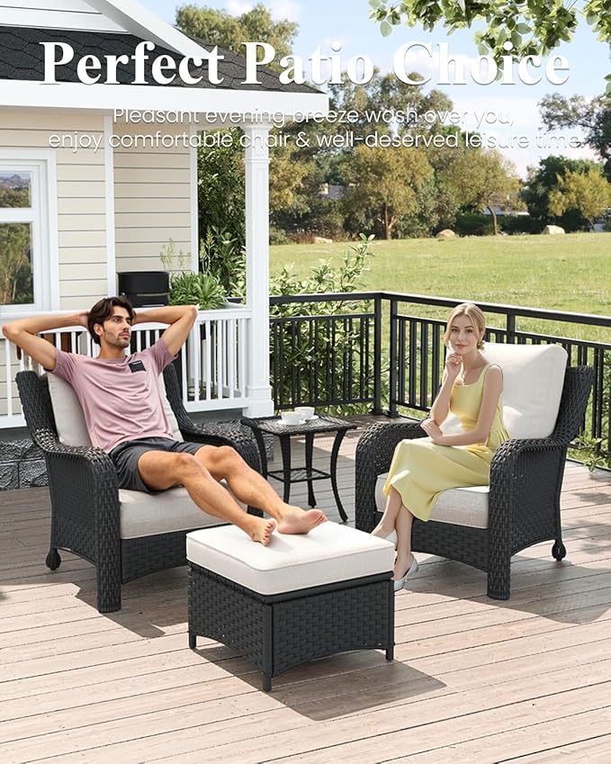 LayinSun 3 Piece Wicker Outdoor Furniture Set with 6-inch Comfy Cushions, High Back Patio Furniture Set with Rattan Armchairs and Side Table