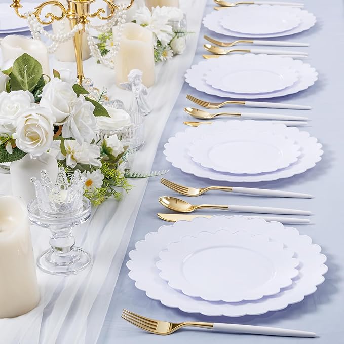 SUT 72-Pack 10.25 Inch White Heavy Duty Plastic Dinner Plates, Disposable Plates, Scallop Plates for Parties, Events, and Occasions