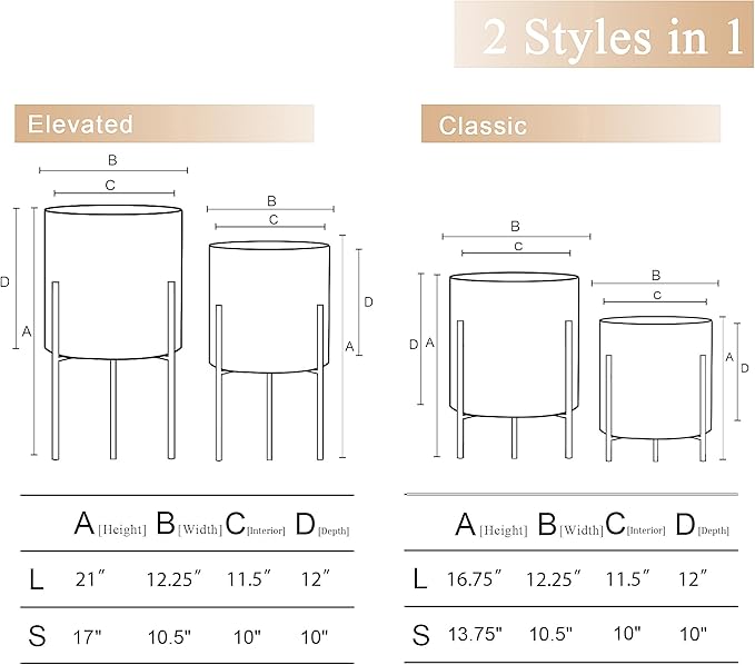 ARNIS Modern Planter Pots, Large Planters with Stand, Set of 2 Metal Planters for Indoor Plants with Drainage Holes for Living Room, Office, Garden or Balcony (White, 10.5 &12.25 Inch)