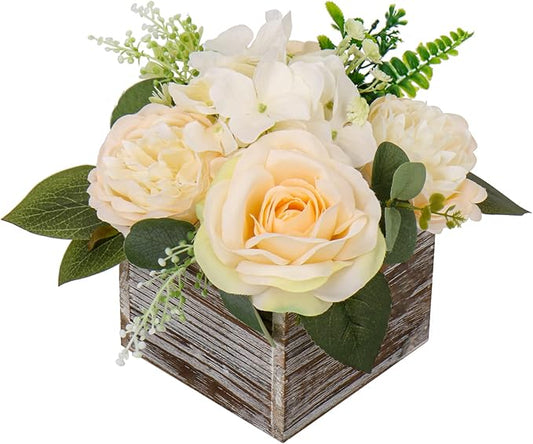 DILATATA Flower Arrangement with Wooden Vase 8" Artificial Flowers in Pot - Fake Flowers Roses Peonies Hydrangeas in Wooden Vase Potted Flower Centerpieces for Table Decor - Pale Yellow
