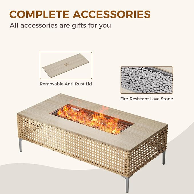 Grand patio 10-Piece Patio Furniture Set with 47" Fire Pit Table, Outdoor Conversation Set & 50,000 BTU 47 Inch Rectangle Propane Fire Pit & Storage Box with Water Resistant Thick Cushions, Cream