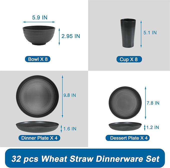 Black Wheat Straw Dinnerware Sets For 8 (32pcs),Unbreakable Dinnerware Set,Dishwasher Safe,Plastic Reusable Lightweight Rv Dishes Cups Plates and Bowls Sets for Camping Kitchen Picnic