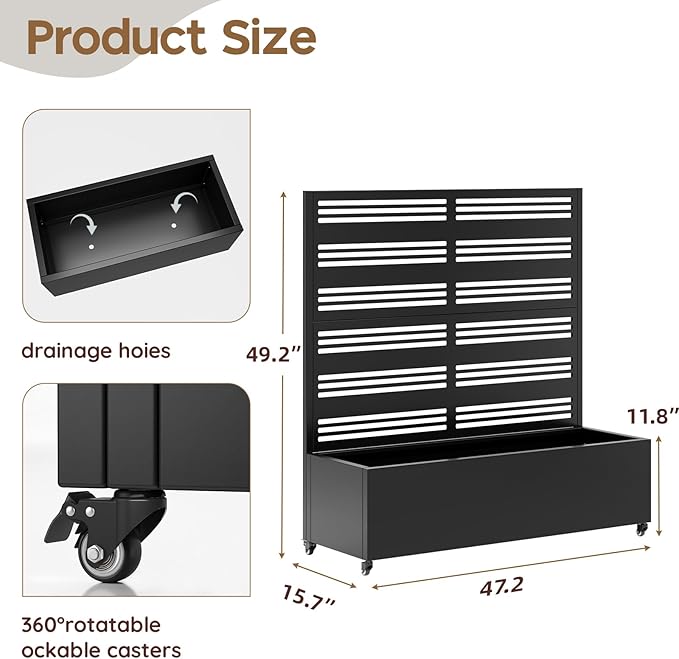 Metal Raised Garden Bed with Trellis & Wheels,47" x 47"x 15.7" Planter Box with Trellis,Privacy Planters for Patio,Garden Bed for Climbing Plants,Suitable for Climbing Plants and Vegetables,Black