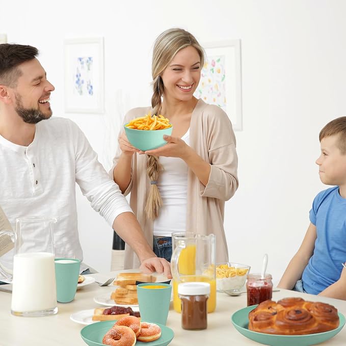 Kitchen Wheat Straw Dinnerware Sets (33pcs) Attached cleaning brush,Service For 8,Plastic Plates and Bowls Sets,Unbreakable Dinnerware,Lightweight Plastic Plate Set (Light green)