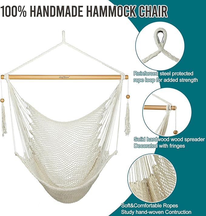 JoyView Hammock Chair with Spreader Bar Caribbean Hammock Swing Chair 300 LBS Weight Capacity XL Rope Hanging Chair for Outdoor Indoor Garden Yard - Natural White