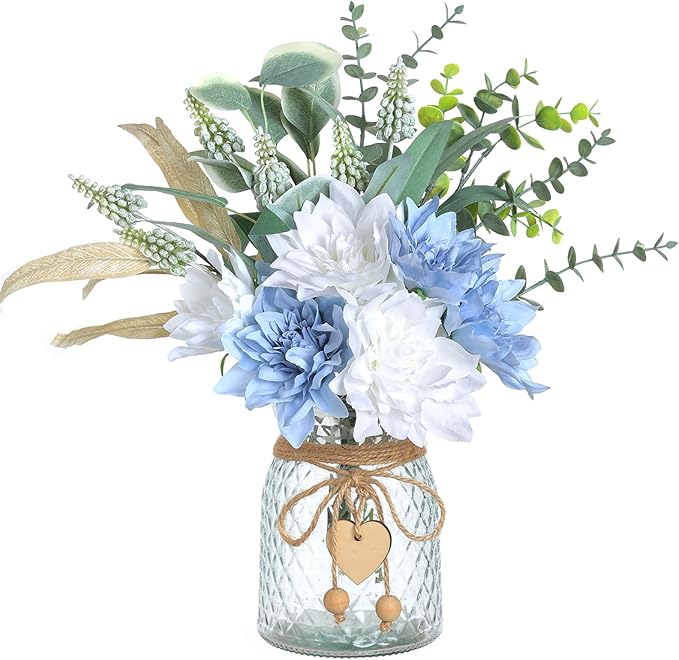 Faux Flowers with Vase,Artificial Silk Flowers in Vase, Fake Plant Eucalyptus and Willow,Flower Arrangement for Home Farmhouse Dining Table Centerpiece Decorations Coffee Table Decor (Dusty Blue)