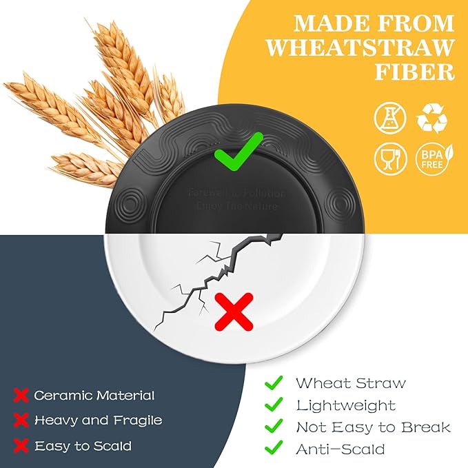 Wheat Straw Dinnerware Sets 40 PCS- Unbreakable Dishes Set for 8, Dishwasher and Microwave Safe Plates and Bowls Sets, Reusable Plastic Plates, Bowls, Drinking Cups for Camping, Party - Black