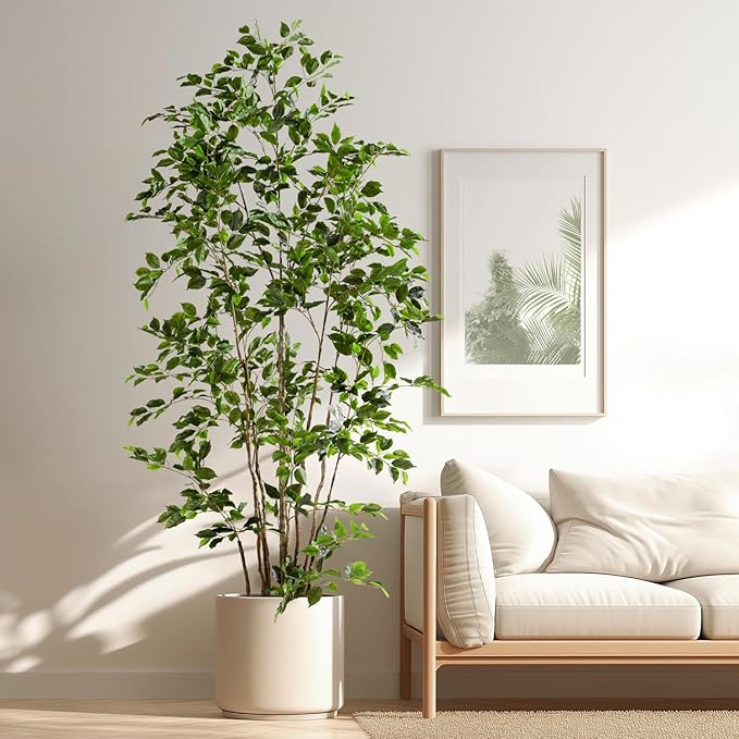 Artificial Ficus Tree Indoor 8ft, Large Potted Faux Tree with Realistic Silk Leaves & Trunk for Home Office, Living Room Corner Decor