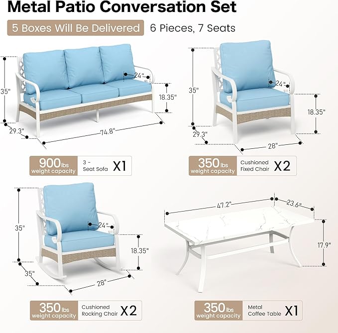 6 Piece Metal Outdoor Patio Furniture Set, Patio Conversation Set 3-Seater Sofa, 2 Fixed Sofa, 2 Rocking Chair with 5.75" Thick Cushion and Coffee Table White Backyard Furniture, Blue