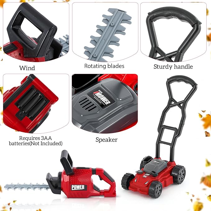 2 Pcs Toy Gardening Tool Set for Kids Toy Hedge Trimmer, Push Lawn Mower Battery Powered Gardening Tool Set with Lights and Sounds Gift for Boys Girls
