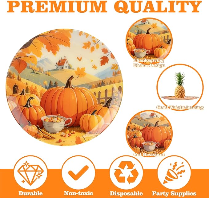 60PCS Thanksgiving Plastic Plates - Heavy Duty Fall Plastic Plates - Pumpkin Disposable Plates Include 30 Dinner & 30 Dessert Plate for Friendsgiving Party Holiday