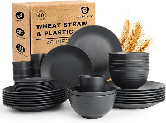 Wheat Straw Dinnerware Sets 40 PCS- Unbreakable Dishes Set for 8, Dishwasher and Microwave Safe Plates and Bowls Sets, Reusable Plastic Plates, Bowls, Drinking Cups for Camping, Party - Black