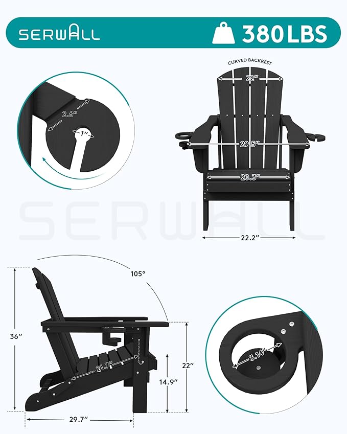 SERWALL Folding Adirondack Chair, Dual Cup Holders & All-Weather HDPE, Wood-Like Patio Chair for Backyard, Camping，Pool & Fire Pit- Black