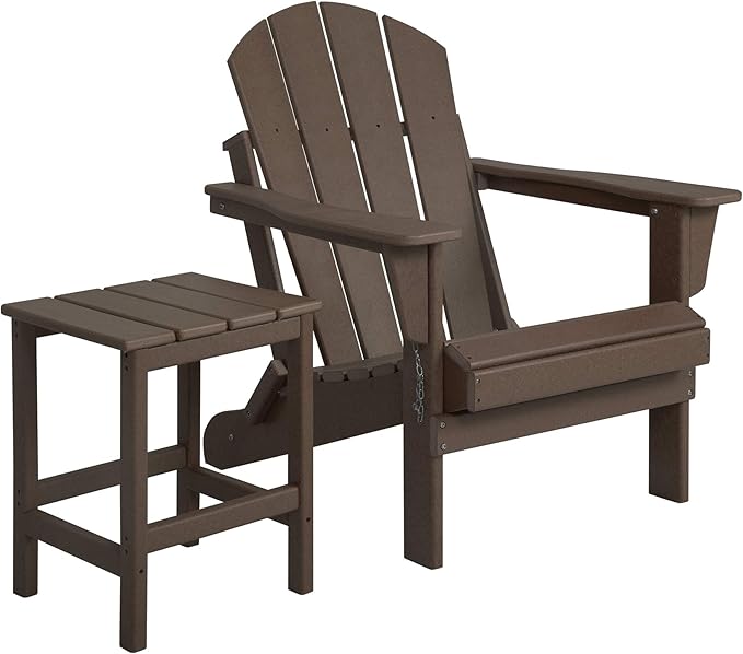 WO Home Furniture Adirondack Chair Table Set of 2 PCS Outdoor Folding Chair w Side Table Weather/UV Resistant for Lawn, Garden, Bon Fire, Balcony (Dark Brown)