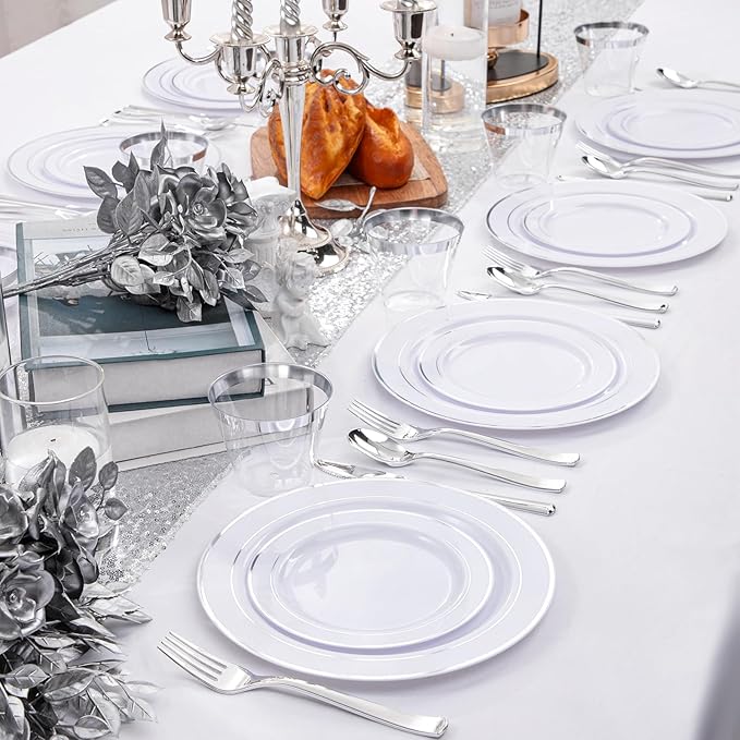 WELLIFE 300Pcs Silver Elegant Plastic Dinnerware Set for 50 Guests - Premium Disposable Party Supplies Includes Dinner Plates, Salad Plates, Cups & Flatware Set for Wedding, Anniversary, Banquet