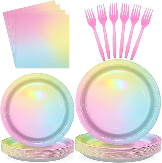 96Pcs Pastel Rainbow Birthday Party Supplies Iridescent Pastel Plates and Napkins Tableware Sets Rainbow Party Decorations for Girls Baby Shower Sprinkle Valentine's Day Party Favors Serves 24