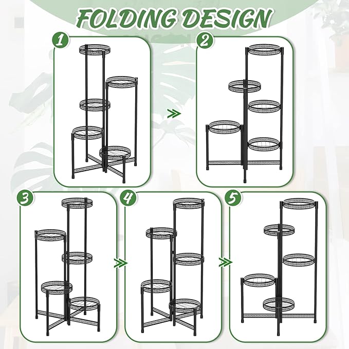 iDavosic.ly Plant Stand Indoor Outdoor, 5 Tier Corner Metal Flower Display Holder Shelf, Folding Tall Orchid Rack for Patio Balcony Porch Garden Living Room House, Wrought Iron - Modern Black