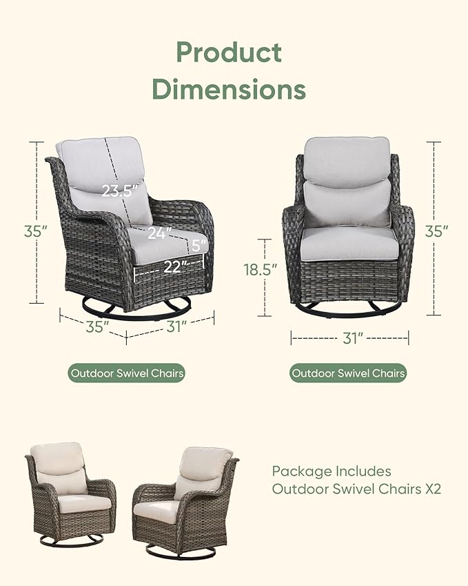 HUMMUH High Back Outdoor Swivel Rocker Patio Chairs Set of 2 with 5-Inch Thick Cushions, All-Weather Wicker Patio Furniture for Porch,Poolside, Deck, and Yard