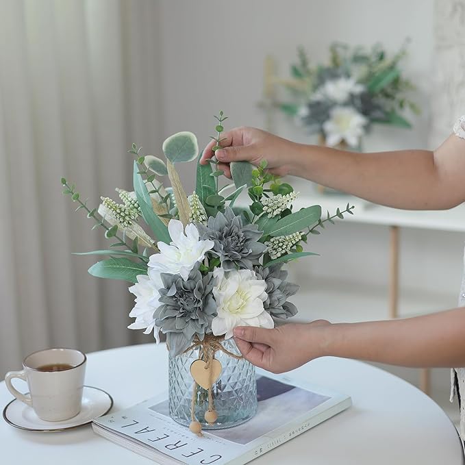 Faux Flowers with Vase,Artificial Silk Flowers in Vase, Fake Plant Eucalyptus and Willow,Flower Arrangement for Home Farmhouse kitchen Dining Table Centerpiece Decorations Table Decor (Grey Blue)