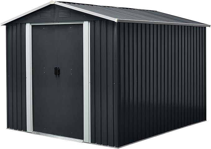 Sheds & Outdoor Storage 8ft x 10ft Metal Storage Shed with Metal Foundation, Gloves, Anchors, Tools Garden Tool Storage Cabinet with Secure Sliding Doors with Padlock for Backyard, Black