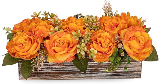 Flower Arrangement with Wooden Vase 14" Artificial Flowers in Pot - Fake Flowers Roses Peonies Hydrangeas in Wooden Vase Potted Artificial Flower Centerpieces for Table Decor Living Room - Orange