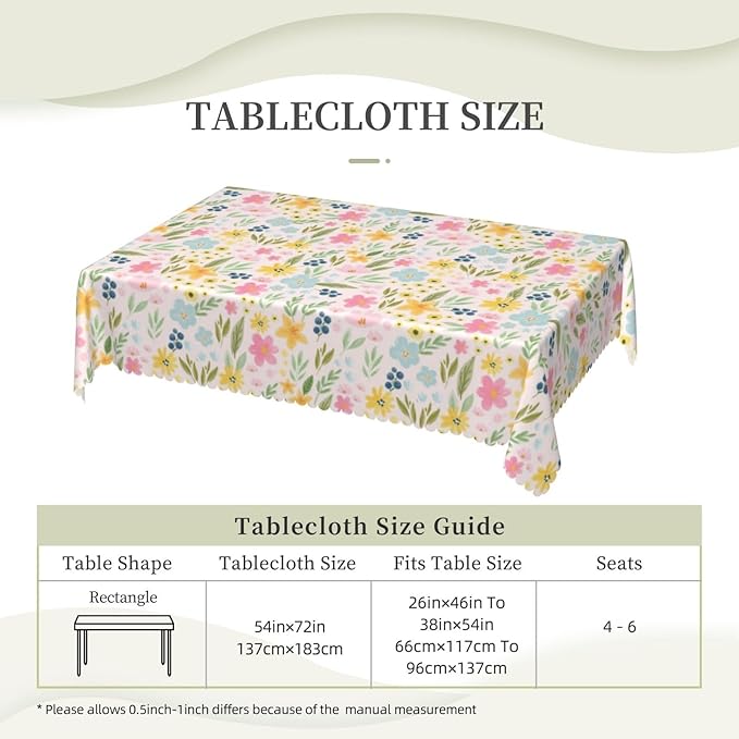 Cute Floral Table Cloth for Dining Tables, Reusable Boho Spring Flowers Tablecloths Rectangle Decoration Kitchen Colorful Wildflowers Summer Table Cover for Holiday,Party,Picnic,54x72Inch