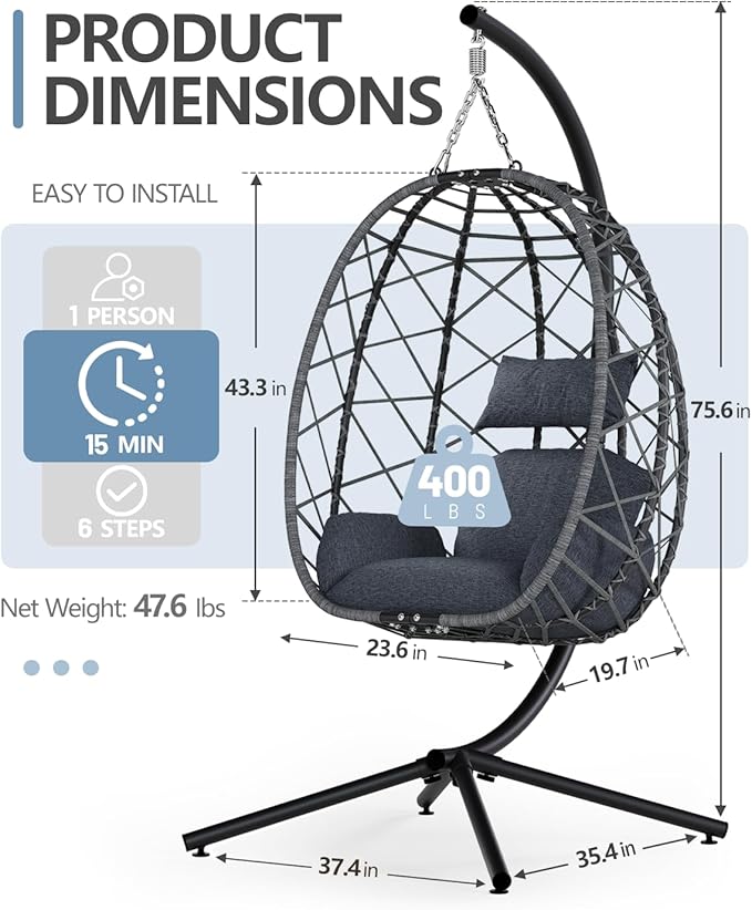 SWITTE Egg Swing Chair with Stand, Outdoor Patio Hanging Egg Chair, Indoor Hammock Chair with Cushion for Garden Backyard, 400LBS Capacity-Dark Grey