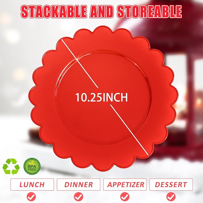 SUT 72Pcs Red Plastic Plates,10.25inch Red Dinner Plates, Disposable Dinner Plates, Red Heavy Duty Plastic Plates, Disposable Plates, Red Scallop Plastic Plates for Party