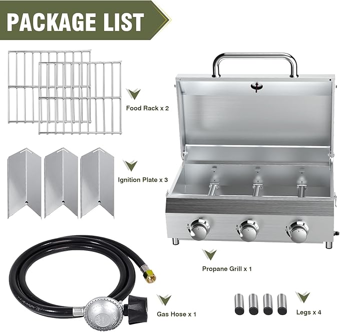 Bestfire 3-Burner Tabletop Gas Grill, 30,000 BTU Portable Propane Grill with Heavy-Duty Thickened Grates & Stainless Steel Knobs, Compact Design&Detachable Legs for Camping, RV, Backyard BBQ
