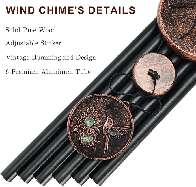 Wind Chimes for Outside, Vintage Hummingbird Deep Tone Wind Chime Outdoor Clearance, Patio Porch Balcony Decoration, Garden Hanging Decor Gifts for Women Mom Grandma (34" Hummingbird)
