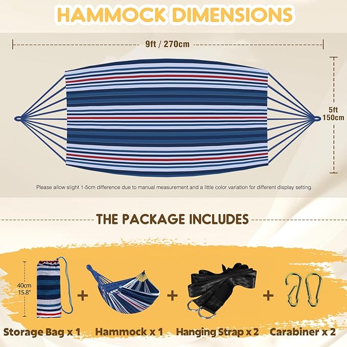 ANYOO Cotton Hammock Portable Camping Hammocks for Hanging Sturdy Garden Comfortable Fabric Hammock with Tree Straps Up to 660lbs with Travel Bag for Camping Outdoor/Indoor Patio Backyard