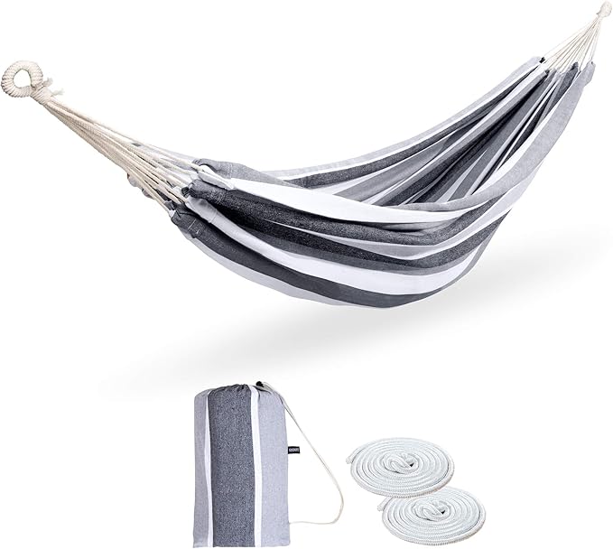 Double Hammock Brazilian Hammocks with Portable Carrying Bag,Soft Woven Fabric, Up to 450 Lbs Hanging for Patio,Trees,Garden,Backyard,Porch,Outdoor and Indoor XXX-Large Grey&White Stripe
