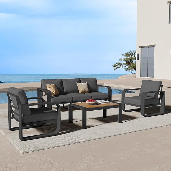 Aluminum Outdoor Patio Furniture Set 4 Piece, Oversized Patio Conversation Sets Widened Armrest & Ultra-Thick Cushions, Deep Seating Modern Sectional Furniture for Backyard, Porch, Graphite