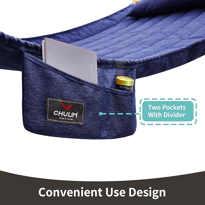 Double Quilted Fabric Hammock with Hardwood Spreader Bars and Pillow 450 LBS Capacity 2 Person Large Hammock for Outdoor Patio Backyard Poolside - Dark Blue