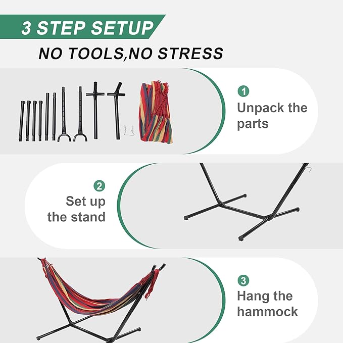 Hammock with Stand for Outside,600lb Weight Capacity Adjustable Height 3-in-1 Portable Hammock for Outdoor&Indoor Camping Backyard Bedroom(Hammock, Stand & Carry Bag)