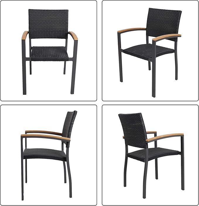 TRY & DO Patio Dining Chairs Set of 4,Outdoor Wicker Stackable Dining Chairs with Wooden Armrest PE Rattan Aluminum Frame Patio Furniture Sets for Garden, Balcony, Lawn and Indoors