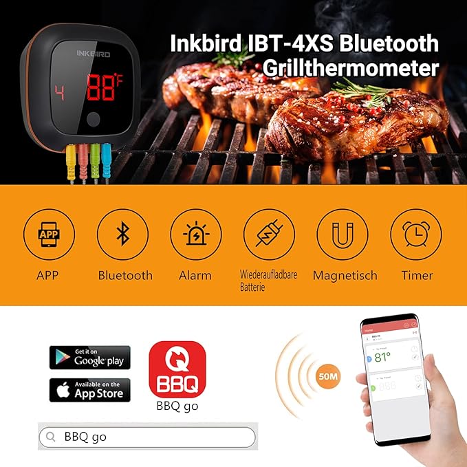 Inkbird Bluetooth Grill BBQ Meat Thermometer with 4 Probes Digital Wireless Grill Thermometer, Timer, Alarm,150 ft Barbecue Cooking Kitchen Food Meat Thermometer for Smoker, Oven, Drum