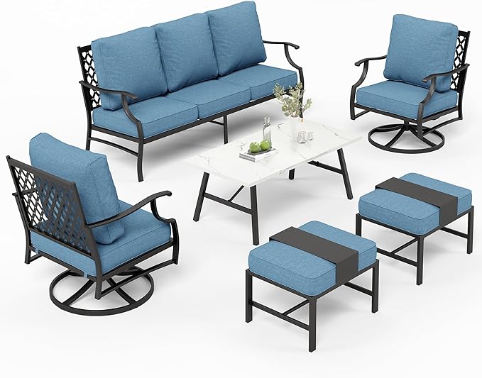 Patio Furniture Set 6 pcs, Outdoor Patio Furniture, 3-Seat Sofa, 2 Swivel Chairs, 2 Ottomans, Coffee Table and 5.75" Extra Thick Cushion, Conversation Set for Backyard Deck, Navy Blue