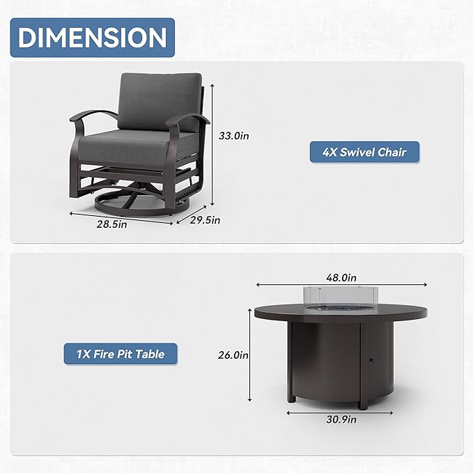 Kurapika 5 Piece Modern Metal Outdoor Conversation Sets, Patio Furniture Set, 4 Aluminum Swivel Chairs w/48in Round Propane Fire Pit Table and Thickened Cushions, Grey