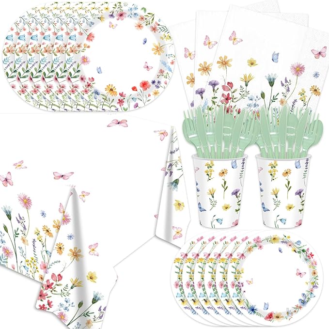 141PCS Wildflower Party Decorations Spring Floral Baby Shower Birthday Decorations - Include Plates and Napkins Forks Cups Straws Tablecloch for Wildflower Baby Shower Decorations Serves 20 Guests