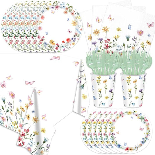 141PCS Wildflower Party Decorations Spring Floral Baby Shower Birthday Decorations - Include Plates and Napkins Forks Cups Straws Tablecloch for Wildflower Baby Shower Decorations Serves 20 Guests