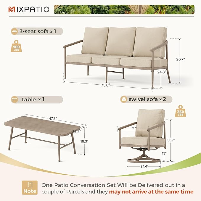 Outdoor Patio Furniture Set with Swivel Chairs, 4-Piece Steel Patio Outdoor Conversation Sets with Washable Thick Cushions, Windsor Outdoor Patio Sectional for Garden, Backyard, Balcony-Beige