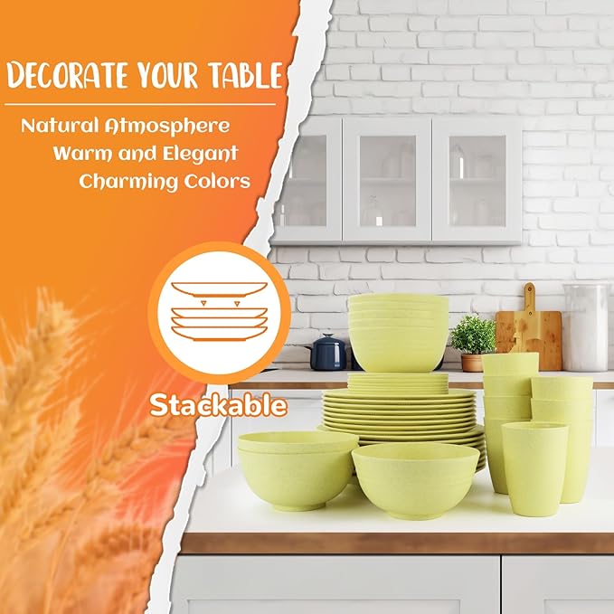 Wheat Straw Dinnerware Set 40-Piece Service for 8 Unbreakable Dishes Set Plates and Bowls Sets Drinking Glasses Microwave Safe Dish Set Lightweight Dinnerware Set for Home & Kitchen - Yellow
