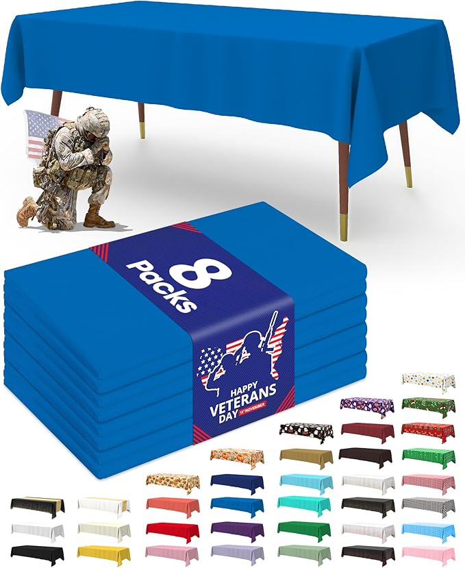 Pureegg Plastic Table Cloth Disposable 8 Pack, 54 x 108 Inch Table Cloths, Graduation Decorations Class of 2025, Graduation Party Tablecloths, Rectangle, Plastic Cover, Leakproof & Sturdy, Blue