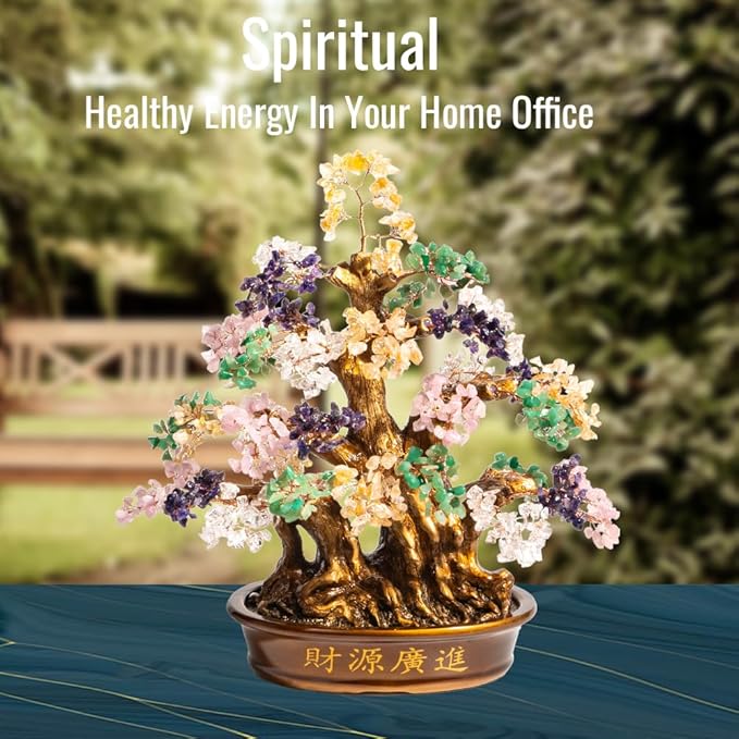 Natural Bonsai Feng Shui Money Tree, 18'', Includes Lucky Coins Chain, Tree of Life (1300 Gemstone Count), Good Luck and Wealth