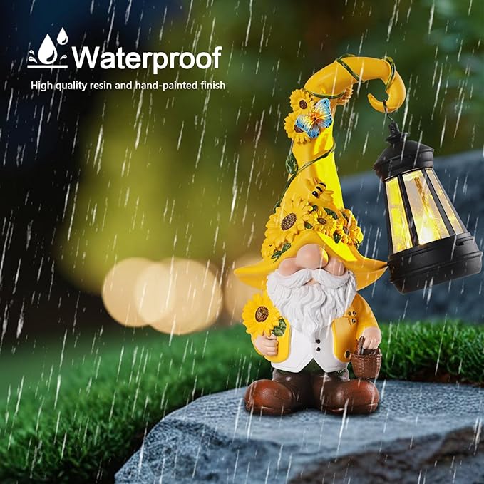 Solar Garden Decor - Sunflower Gnome Statue with Lantern 9.1" Garden Gnomes Outdoor Funny Solar Statues Yard Porch Lawn Patio Decor Gardening Gift for Women Mom Grandma Wife Girlfriend