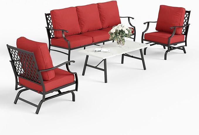 4 Piece Metal Outdoor Patio Furniture Set, Patio Conversation Set 1 3-Seater Sofa, 2 Rocking Chair with 5.75" Extra Thick Cushion and Coffee Table, Black Frame Backyard Furniture, Red