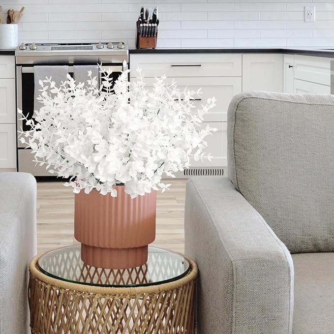 Artificial Fake Outdoor Plants Flowers for Spring Decoration, Faux Plastic Plants Outdoor Flowers UV Resistant Realistic for Home Outside Planter Window Porch Patio Garden(Pure White Eucalyptus)