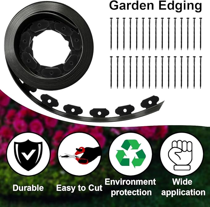 Landscape Edging, 33ft x 4inch Tall Plastic Garden Edging Border with 30 Spikes, Lawn Edging for Landscaping Flower Bed, Yard, Patio-Black