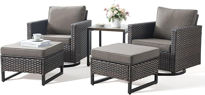 Patio Furniture Set with Swivel Chairs-5 Piece Outdoor Swivel Rocker Patio Chairs with Ottomans Rattan Side Table, Comfy Cushion Outdoor Furniture Set for Porch Deck Garden Backyard(Brown/Grey)